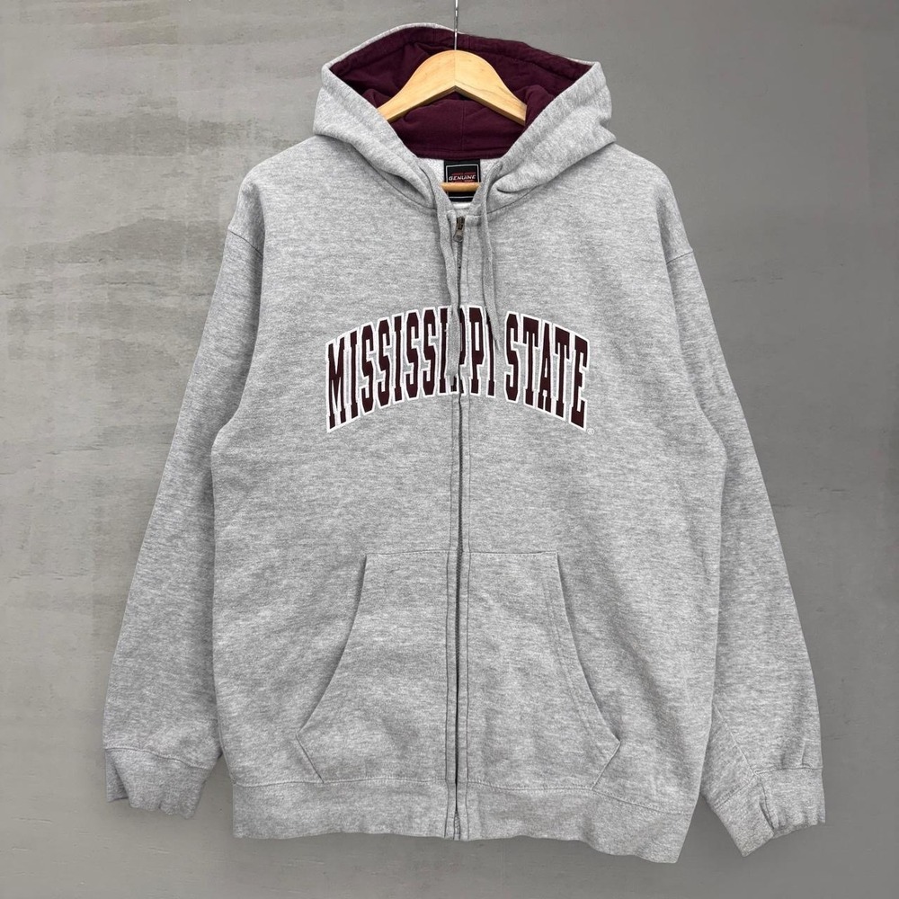 Vintage Mississippi State Zip Hoodie Gray Collegiate Graphic Large